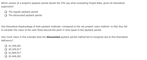 Which version of a projects payback period should the CFO use when evaluating Project Beta, given its theoretical superiorit