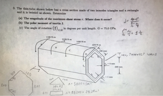 3. The thin-tube shown below has a cross section made of two isosceles triangles and and it is twisted as shown. Determine (a