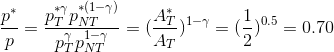 \frac{p^{*}}{p}=\frac{p^{*\gamma }_{T}p^{*(1-\gamma )}_{NT}}{p^{\gamma }_{T}p^{1-\gamma }_{NT}}=(\frac{A^{*}_{T}}{A_{T}})^{1-\gamma }=(\frac{1}{2})^{0.5}=0.70