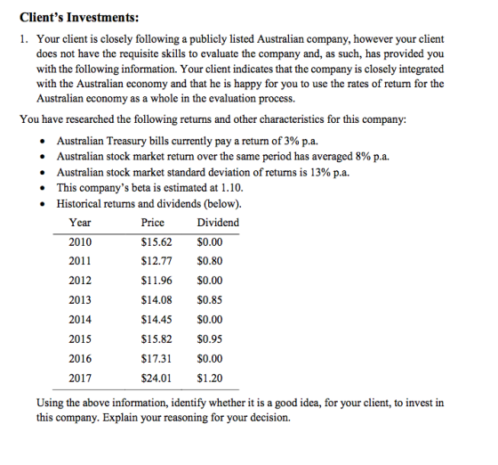 Clients Investments: 1. Your client is closely following a publicly listed Australian company, however your client does not