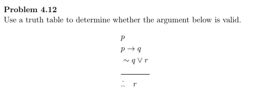 Problem 4.12 Use a truth table to determine whether the argument below is valid. ys