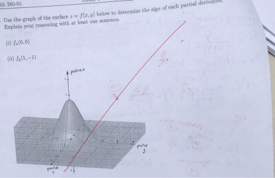 th 260-01 - Use the graph of the surface z= f(x,y) below to determine the sign of each partial deri Explain your reasoning wi