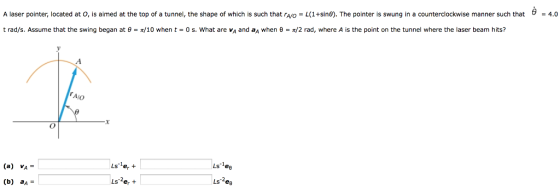 Э e). The A laser pointer, located at O, s aimed at the top o a tunnel, the shape of which is such that rao-L(1+sin . pointer