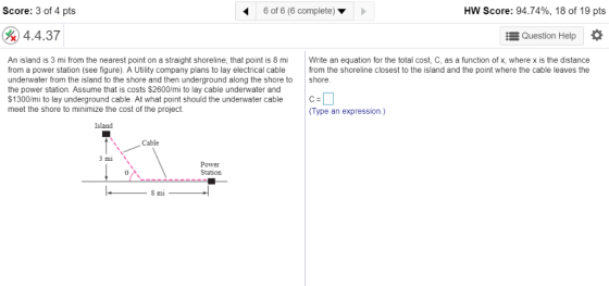 Score: 3 of 4 pts 6 of 6 (6 complete) HW Score: 94.74%, 18 of 19 pts 2 4.4.37 Question Help * Write an equation for the total