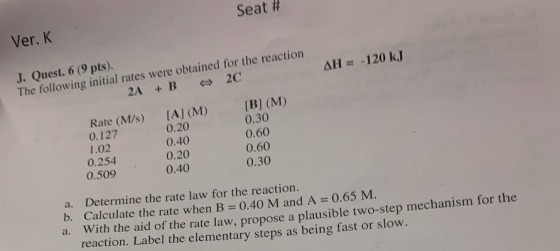 Seat # Ver. K J. Quest. 6 (9 pts). The following initial rates were obtained for the reaction -120 kJ Δ Η 2C 2A +B [B] (M) 0.