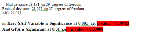 Null deviance: 38101on 29 degrees of freedom Residual deviance: 21.alton 27 degrees of freedom AIC: 27.077 ##Here SAT Variabl