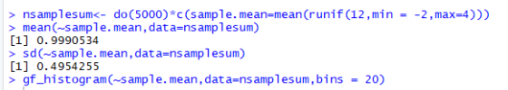 > ns amplesum<-do(5000)c(sample. mean-mean(runif(12,min = >meanC-sample.mean, data-nsamplesum) [1] 0.9990534 sd( sample.mean