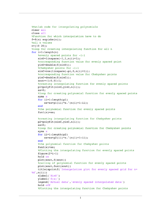 Matlab code for interpolating polynomials clear all close all Function for which interpolation have to do -e(x) exp (abs (x))