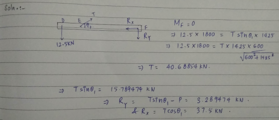Me :0 12.5× 1800 = Ts?ne,x1425 Ry 12-5KN ) 12.S X1800Tx 1425 x 600 V6004 435 40.68354-kN T= ン) 15-789479 kN Ts?ne, k N
