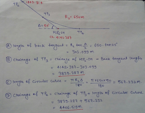 1843 81 4 TP2 TP3 R2= 650m A=50 TA HIPIM Ch. 4142 384 longth of back tangent R tan 650.tan2s 303.099 m- Baek Chainage et T3 =