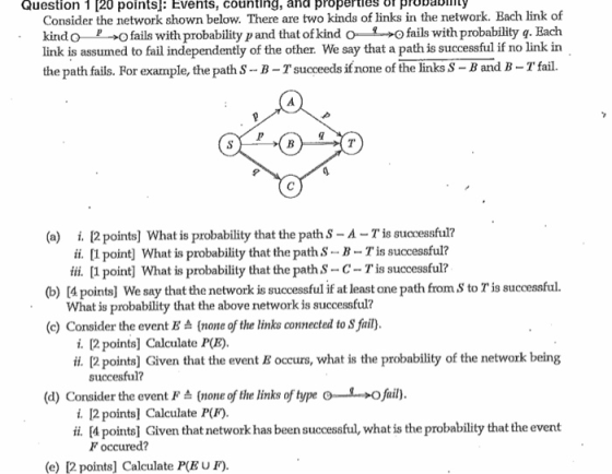 Question 1 (20 points: Events, counting, and properties f probabniny Consider the network shown below. There are two kinds of