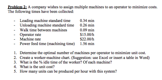 Problem 2: A company wishes to assign multiple machines to an operator to minimize costs The following times have been collec
