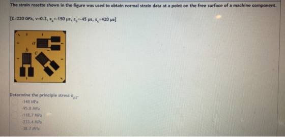 The strain rosette shown in the figure was used to obtain normal strain data at a point on the free surface of a machine comp