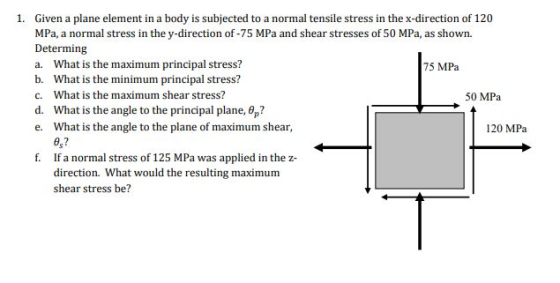 1. Given a plane element in a body is subjected to a normal tensile stress in the x-direction of 120 MPa, a normal stress in