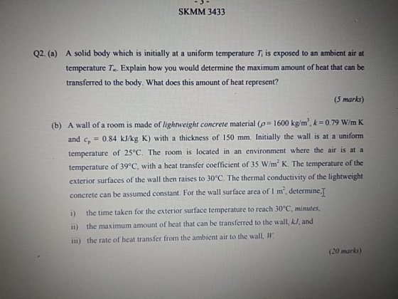 SKMM 3433 A solid body which is initially at a uniform temperature Tİ is exposed to an ambient air at temperature Te. Explain