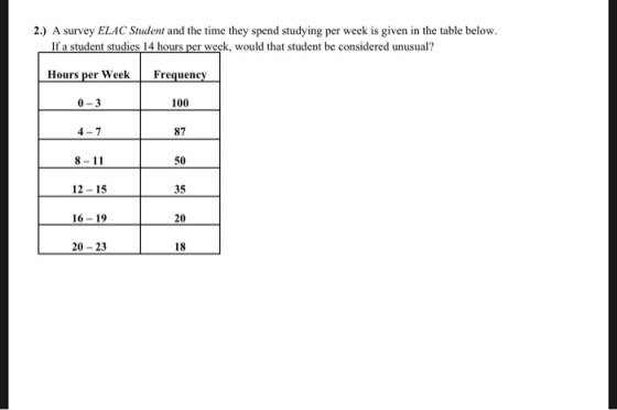 2.) A survey ELAC Student and the time they spend studying per week is given in the table below If a student studies 14 hours