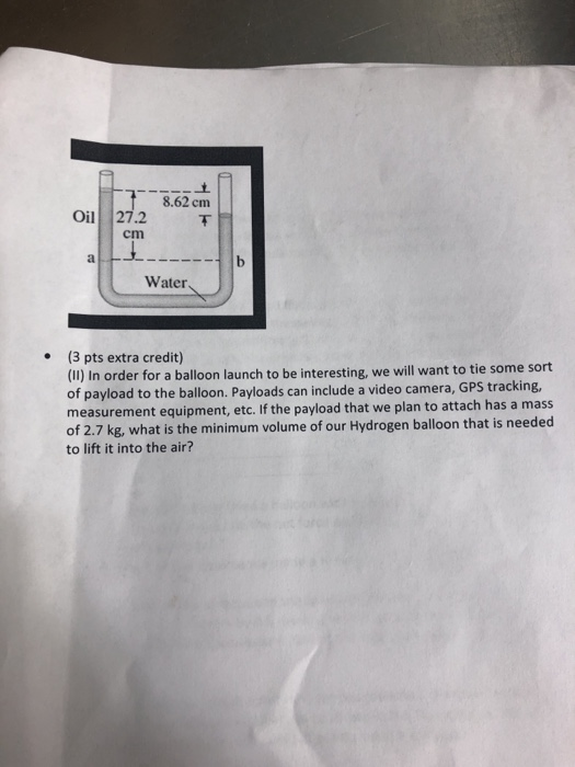 8.62 cm oil 27.2 cm Water (3 pts extra credit) (11) In order for a balloon launch to be interesting, we will want to tie some