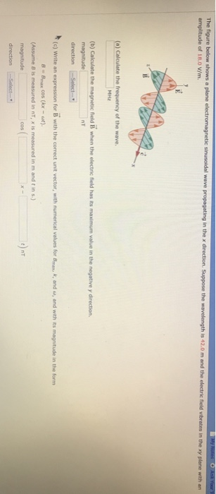 The amplitude of 18.0 V/m field v ) Calculate the frequency of the wave. MHZ (b) Calculate the magnetic freld B when the elec