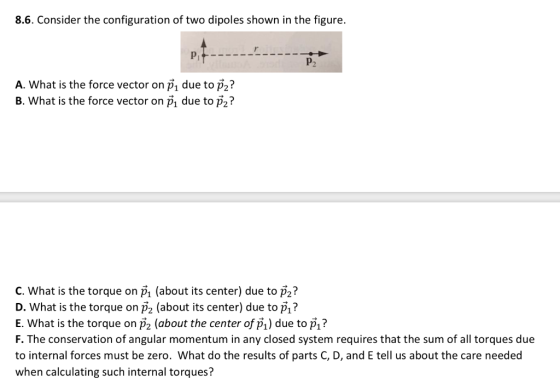 8.6. Consider the configuration of two dipoles shown in the figure. Pi A. What is the force vector on pi due to p2? B. What i