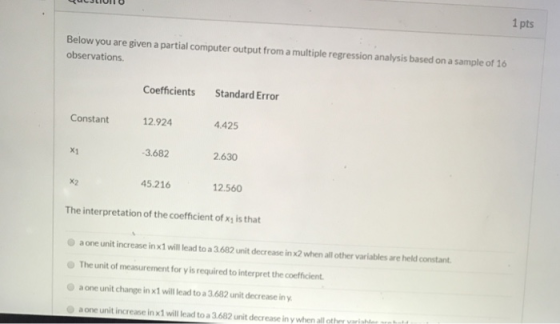 1 pts Below you are given a partial computer output from a multiple regression analysis based on a sample of 16 observations.