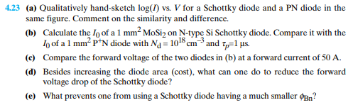 4.23 (a) Oualitatively hand-sketch log(I) vs. V for a Schottky diode and a PN diode in the same figure. Comment on the simila