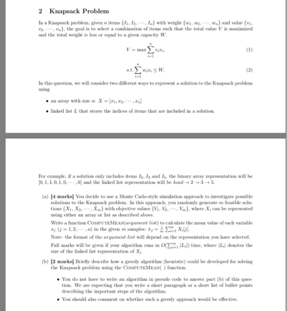2 Knapsack Problem În al Knapsack problem. given n items(11-12. . . . . 1} with weight {w1·W2. . . . . ux) and value (n 2, .