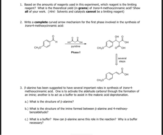 1. Based on the amounts of reagents used in this experiment, which reagent is the limiting reagent? What is the theoretical y