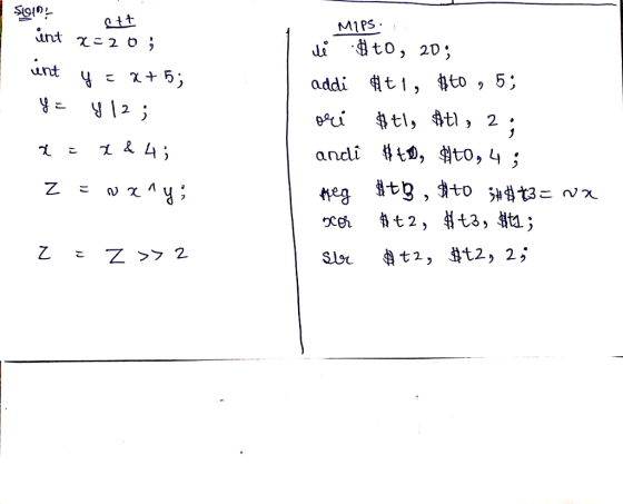 ols tt M1PS i to, 20; unt +5 t, to , addi 2 tl, #tl, 2 andi t, Hto, 4; 七9,to 543こ Z t3, #ta; t2, Z >> 2 t2, t2, 2;