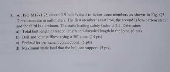 3. An ISO M12x1.75 class-12.9 bolt is used to fasten three members as shown in Fig. Q3. Dimensions are in millimeters. The fi