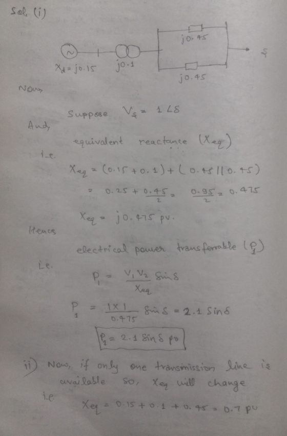 Sal i) jo. 45 +00 jo-1 jo.45 NOw Suppose Vs Aud (Xay equivalent reactance X-g=Co.1540.1)+ Lo.ts110.+s) 0. 25 + 0-45 S 0-95 0.