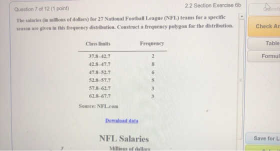 2.2 Section Exercise 6b atest Question 7 of 12 (1 point) The salaries (in millions of dollars) for 27 National Football Leagu