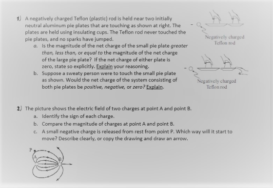 1) A negatively charged Teflon (plastic) rod is held near two initially neutral aluminum pie plates that are touching as show