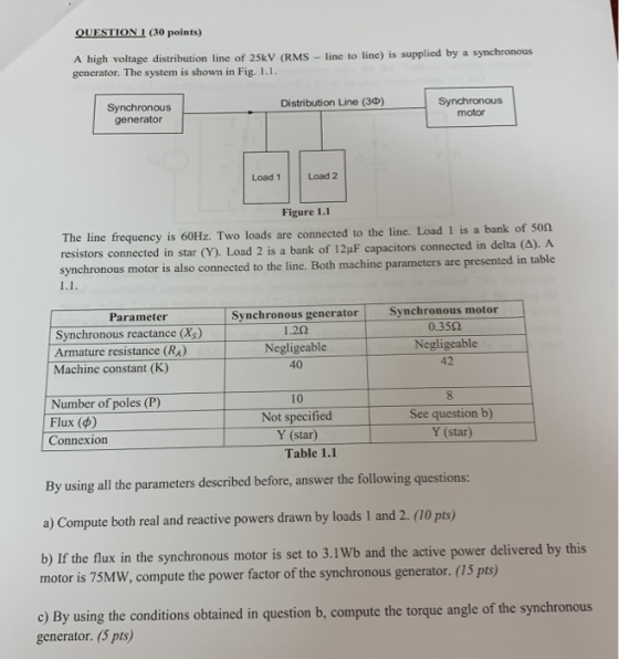 QUESTION 1 (30 points) A high voltage distribution line of 25kV (RMS line to line) is supplied by a generator. The system is