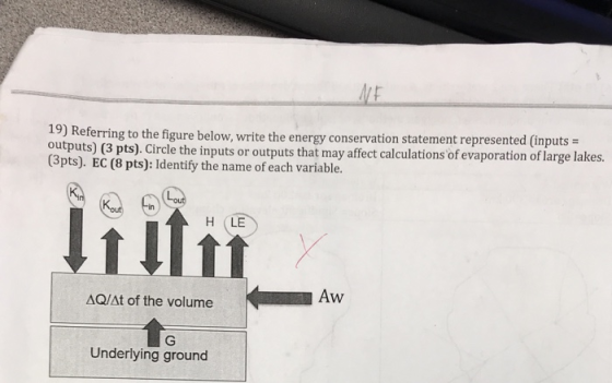 19) Referring to the figure below, write the energy conservation statement represented (inputs- outputs) (3 pts). Circle the