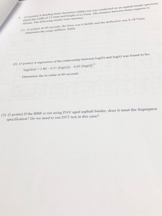 3. (15 points) A bending beam rheometer (BBR) test was conducted on an asphalt binder specimen which has width of 12.5mm and
