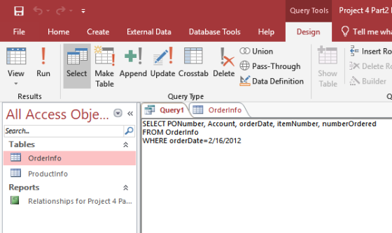 Query Tools Project 4 Part2 File Home CreateExternal Data Database Tools Help Design Tell me wh Insert Ro ① Union Pass-Throug