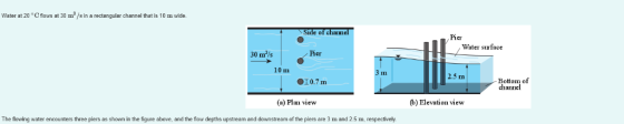 Water at 20 °C flows at 30 m2/s in a rectangular channel that is m wide. Side of chamel Pie Water surface Fier 30 m2/s 10 m 2
