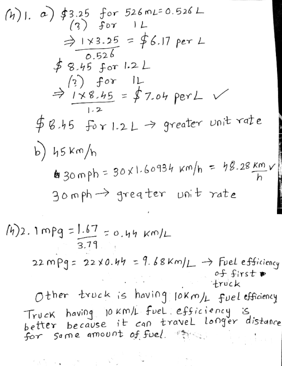 (h) 1. a) $3.25 for 526 mL=0.526 L 2 $6.17 per L I X 3.25 0.526 8.45 for 1.2L ( for $7.04 perL S4 8 8.45 For 1.2 L greater un