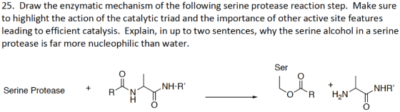 25. Draw the enzymatic mechanism of the following serine protease reaction step. Make sure to highlight the action of the cat