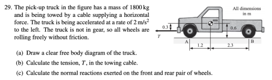 29. The pick-up truck in the figure has a mass of 1800 kg and is being towed by a cable supplying a horizontal force. The tru
