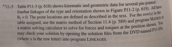 11-5 Table Pl1-3 (p. 618) shows kinematic and geometric data for several pin-jointed fourbar linkages of the type and orienta