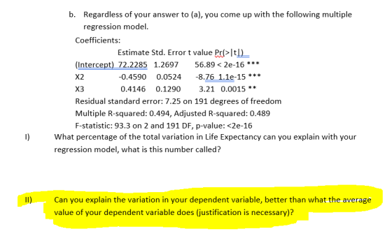 Regardless of your answer to (a), you come up with the following multiple regression model. b. Coefficients: Estimate Std. Er