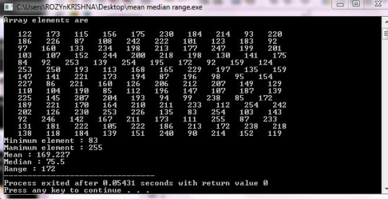 CAUsers ROZYnKRISHNA Desktoplmean median range.exe Array elements are 122 173 115 156 175 230 184 214 93 220 186 226 87 108 2