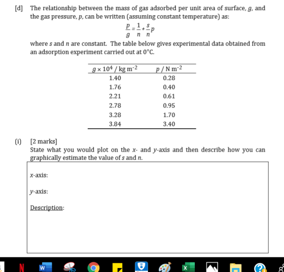 [d] The relationship between the mass of gas adsorbed per unit area of surface, g, and the gas pressure, p, can be written (a