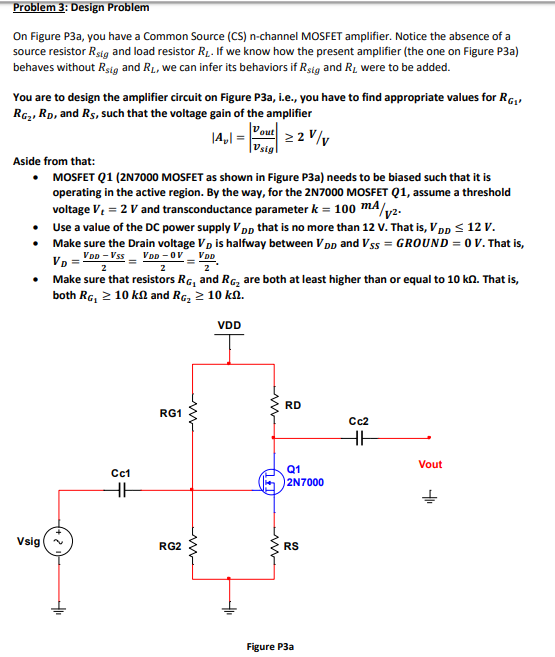 Problem 3: Design Problem On Figure P3a, you have a Common Source (CS) n-channel MOSFET amplifier. Notice the absence of a so