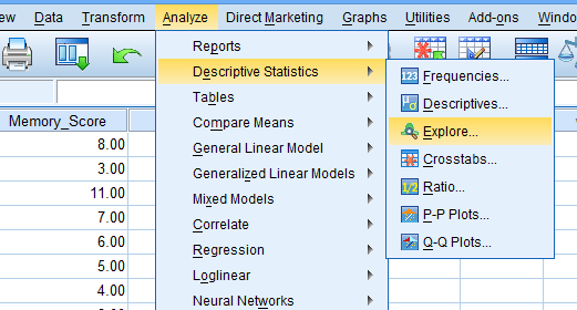ew Data Transform Analyze Direct Marketing Graphs Utilities Add-ons Windo Reports Descriptive Statistics Tables Compare Means