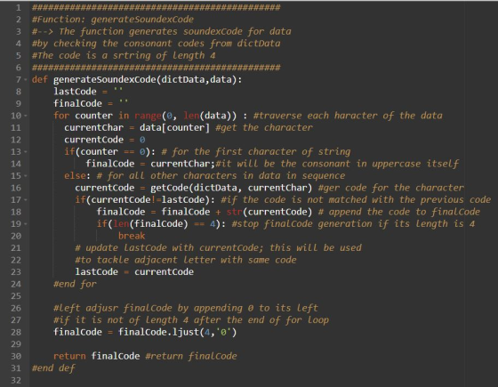 搟unction : generates°undexCode 3 #--> The function generates soundexcode for data 4 #by checking the consonant codes from dic