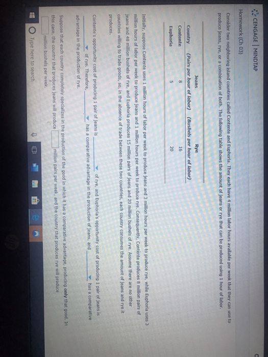 CENGAGE I MINDTAP Homework (Ch 03) Consider two neighboring island countries called Contente and Euphoria. They each have 4 m