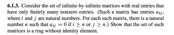 6.1.3. Consider the set of infinite-by-infinite matrices with real entries that have only finitely many nonzero entries. (Suc