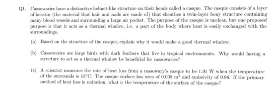 Q1. Cassowaries have a distinctive helmet-like structure on their heads called a casque. The casque consists of a layer of ke